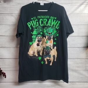 Fruit of the Loom St. Patrick's Day Pug Crawl Black Green Graphic T-Shirt Mens L